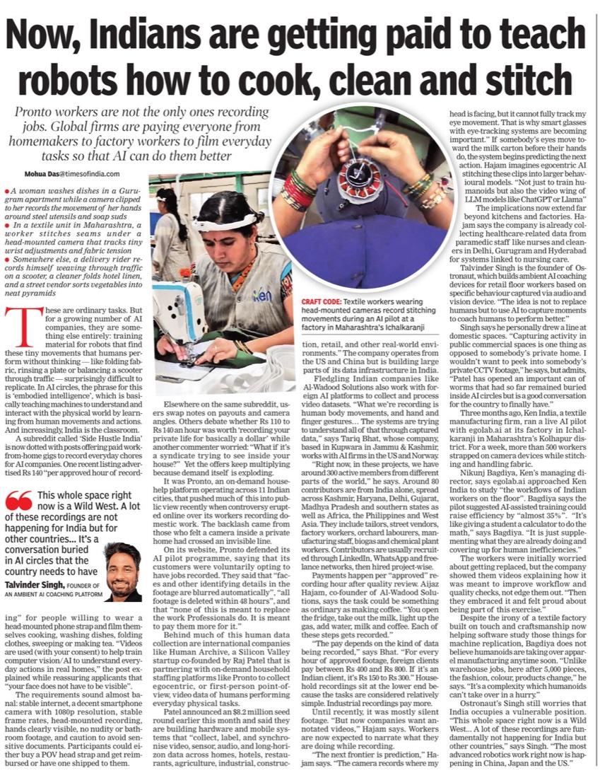 Clipping of The Times of India feature, ‘Now, Indians are getting paid to teach robots how to cook, clean and stitch’, which quotes Ostronaut co-founder Talvinder Singh